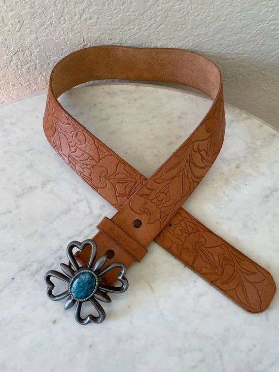 Vintage Tooled Leather Belt with a Turquoise-style Floral Buckle main image 5